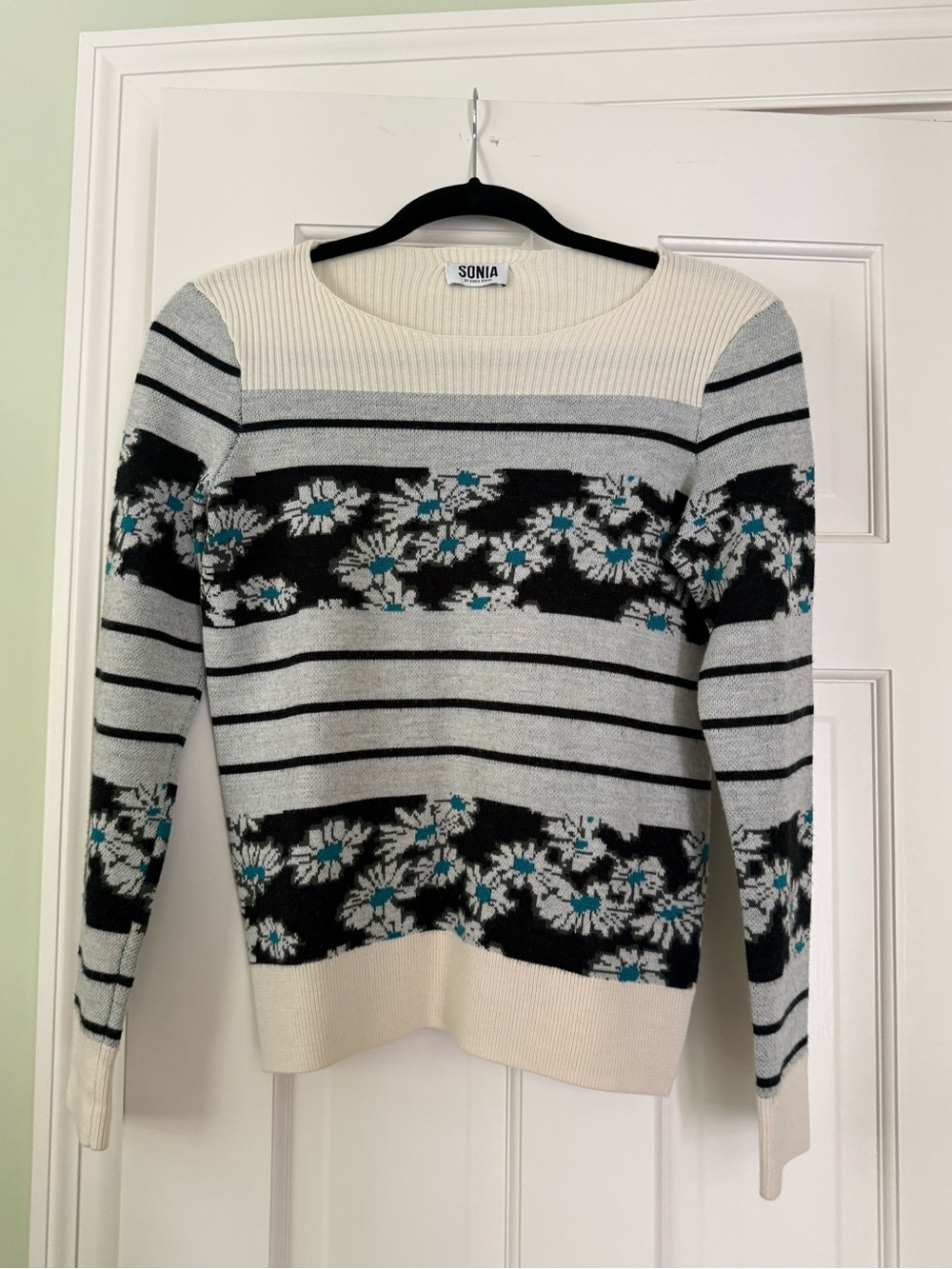 Sonia Striped Floral Crewneck Sweater - Cream, Gray & Black